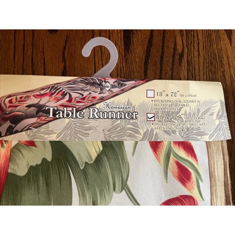 Hawaiian Table Runner: Hawaiian Flower‎ Red, Beige, Green tropical 13”x 108” NWT